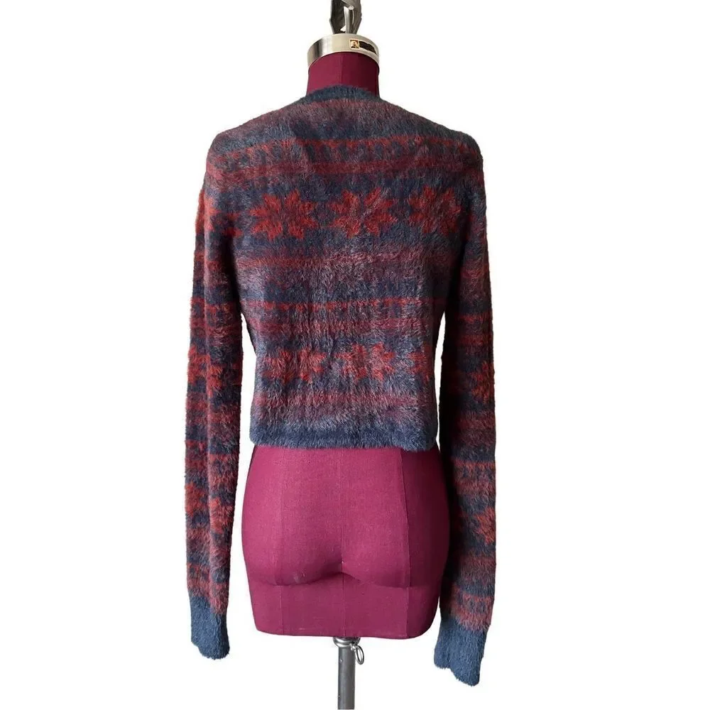 NWOT FREE PEOPLE FP ONE Sz S CROPPED FUZZY FAIRISLE‎ PULLOVER SWEATER NAVY COMBO